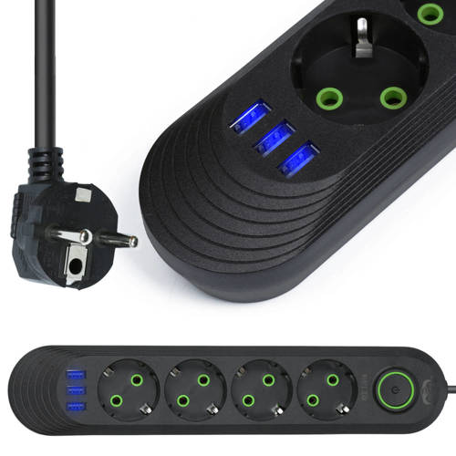 LH-F04U | Power strip 3 m | 4 sockets + 3x USB | black