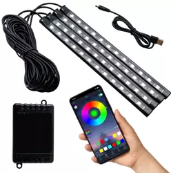 Oświetlenie LED RGB wnętrza samochodu pod USB | łączność Bluetooth z aplikacją w telefonie | 4x pasek LED 12 diod 5050 22cm | pilot IR | tryby muzyczne 